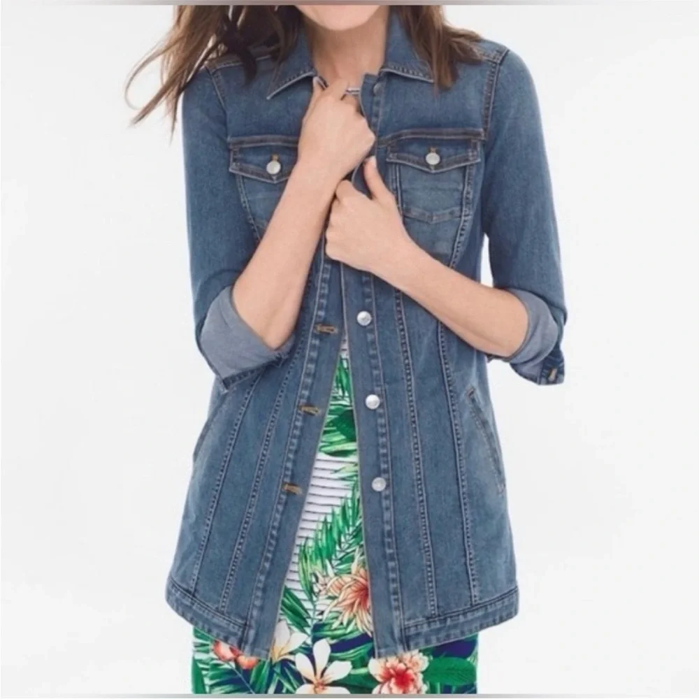 Chico's | Women’s Medium Blue Denim Long Line Button Front Jean Jacket Sz 12-14 - Picture 14 of 15